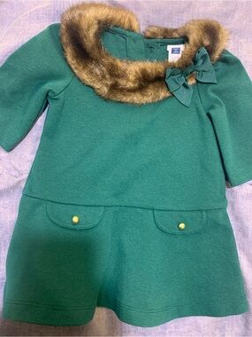 Janie and Jack Green Dress with Faux Fur Collar and Bow Accent